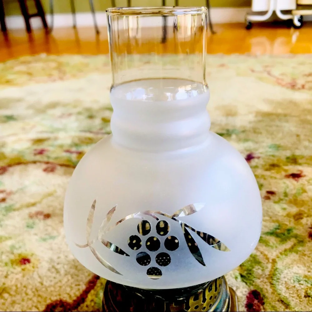 Brass Colored Candle Lamp 10 1/2” X 4 1/2” Etched Glass Shade